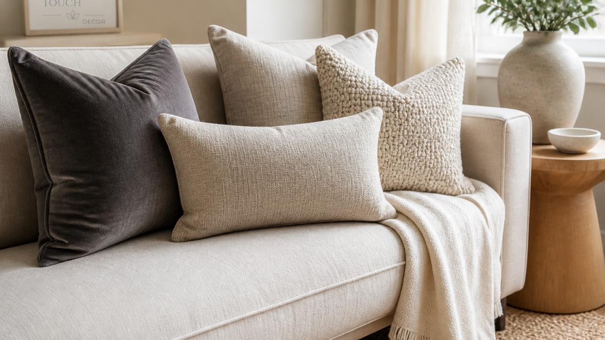 Diagram illustrating layered textures with velvet, linen, and wool pillows on a sofa with a woven rug and wood table.