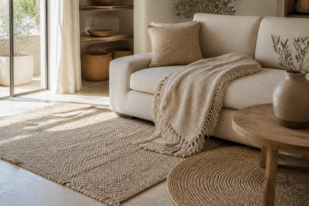 Sunlit living room with layered jute rugs, a fringe throw, and woven textiles showing how to mix textures in living rooms