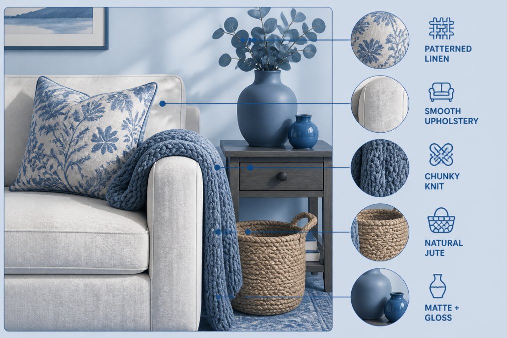 Close-up detail shot of a small living room corner showing mixed textures in harmony: a patterned linen throw pillow beside smooth cream upholstery, a chunky knit blanket folded over the arm, a natural jute basket beside the sofa, and a matte ceramic vase with smooth gloss finish on a wooden side table with warm afternoon light