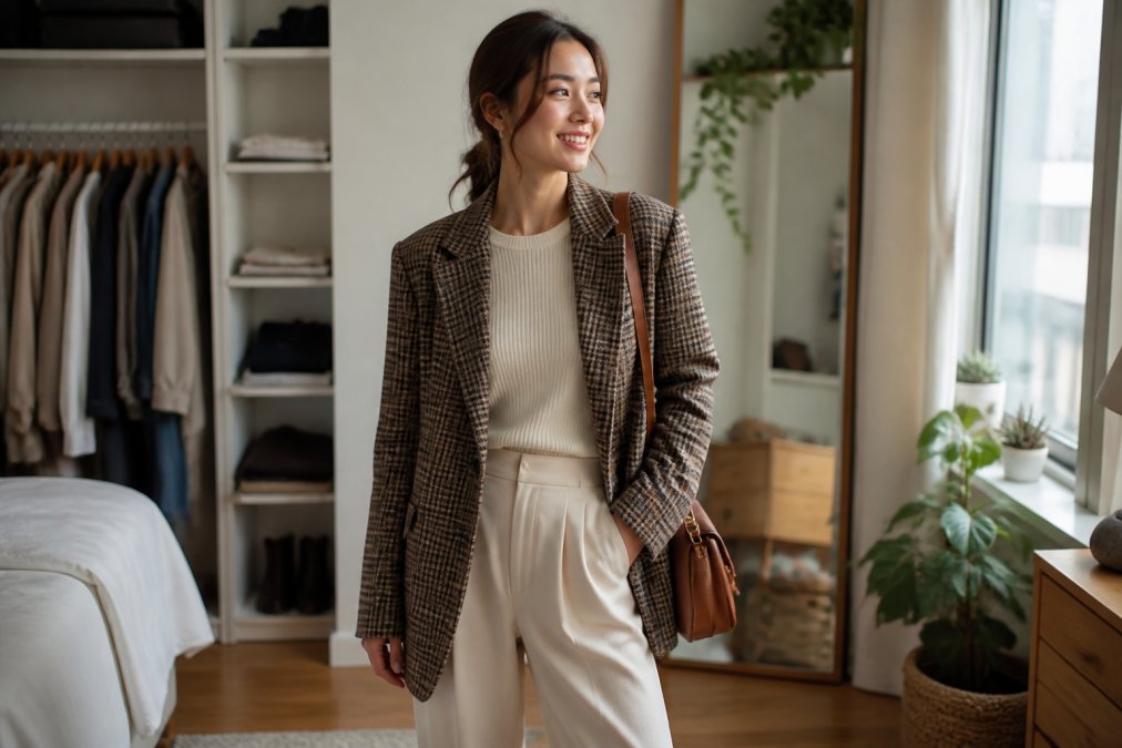 A young adult in a bright, minimal room wearing a neutral-toned base layer with a contrasting textured plaid jacket and a single bold accessory, natural window lighting