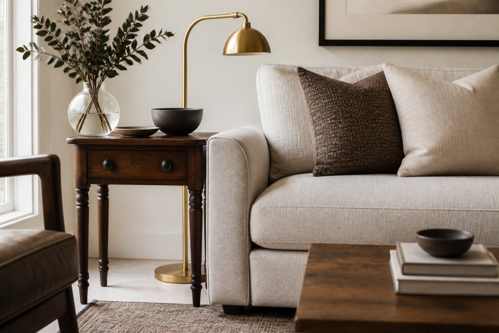 A styled living room corner featuring a modern neutral linen sofa paired with a dark vintage wooden side table and a contemporary brass floor lamp, showcasing balanced scale and texture