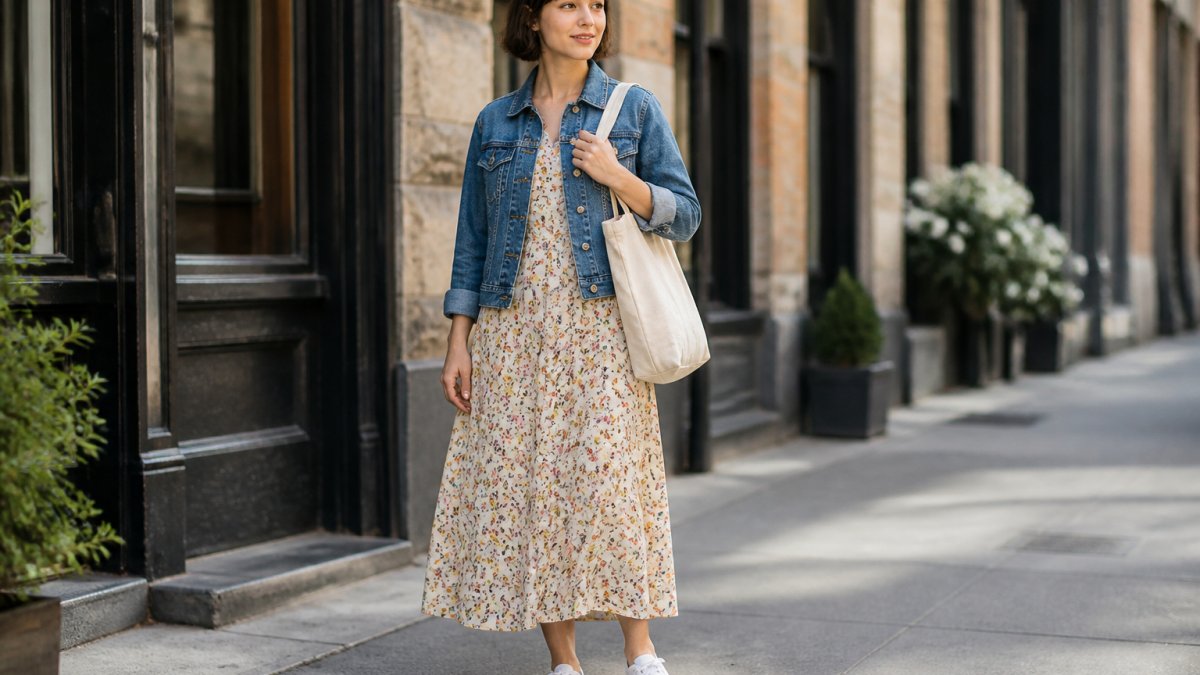 A young woman wearing a floral vintage-style midi dress with a modern denim jacket and white sneakers, standing on a city sidewalk in natural daylight, holding a tote bag