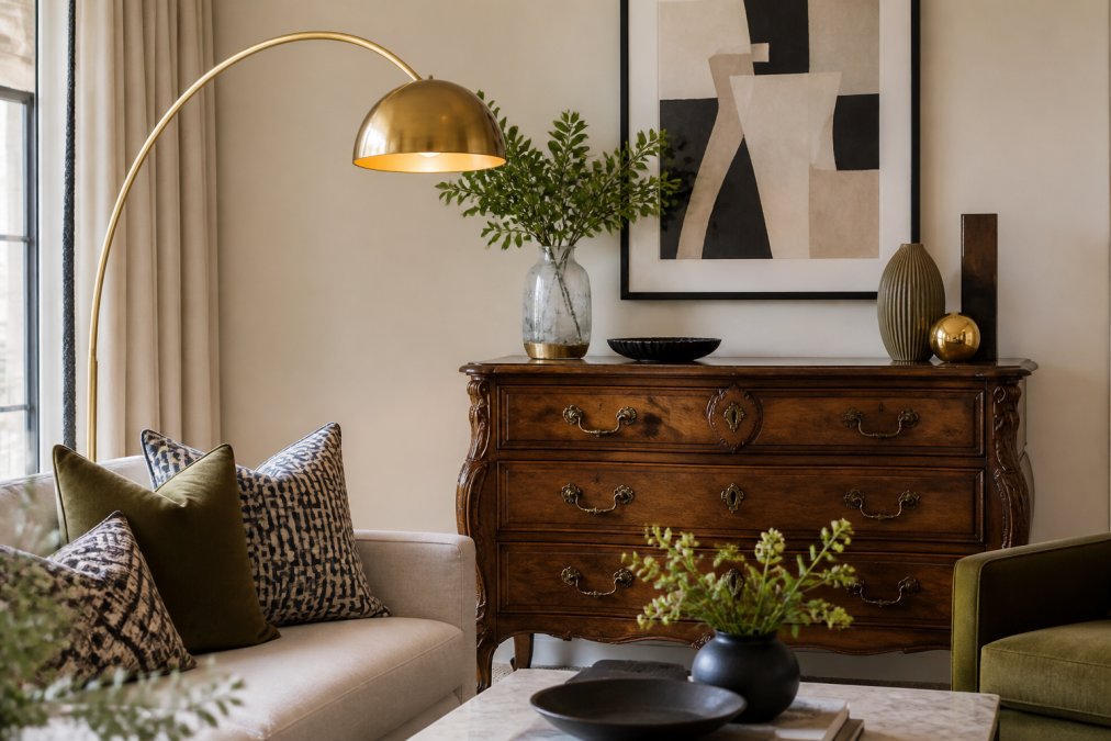 A well-styled living room interior showing a vintage wooden dresser with ornate details paired with contemporary abstract artwork, modern geometric throw pillows in neutral tones, and a mid-century arc floor lamp with gold finish creating warm ambient lighting