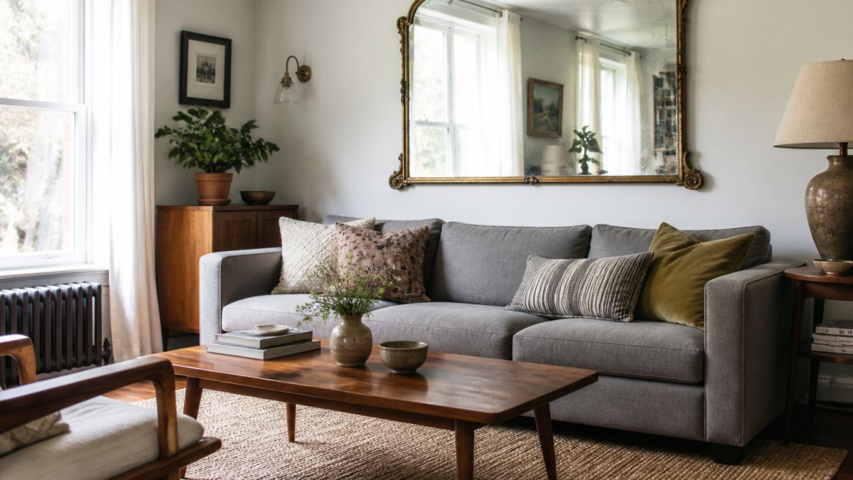 Infographic showing a step-by-step process to mix vintage decor with modern furniture in a living room space.