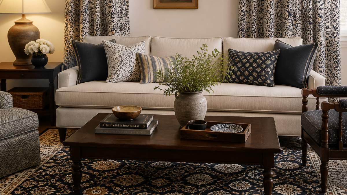 Living room interior featuring a navy floral rug and pillows to mix vintage patterns with modern decor.