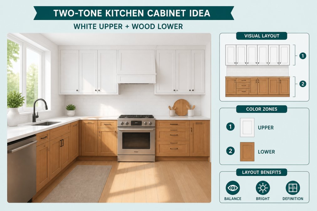 Modern kitchen with crisp white upper cabinets and warm honey-toned wood lower cabinets, showing clear visual separation and natural morning light streaming through windows