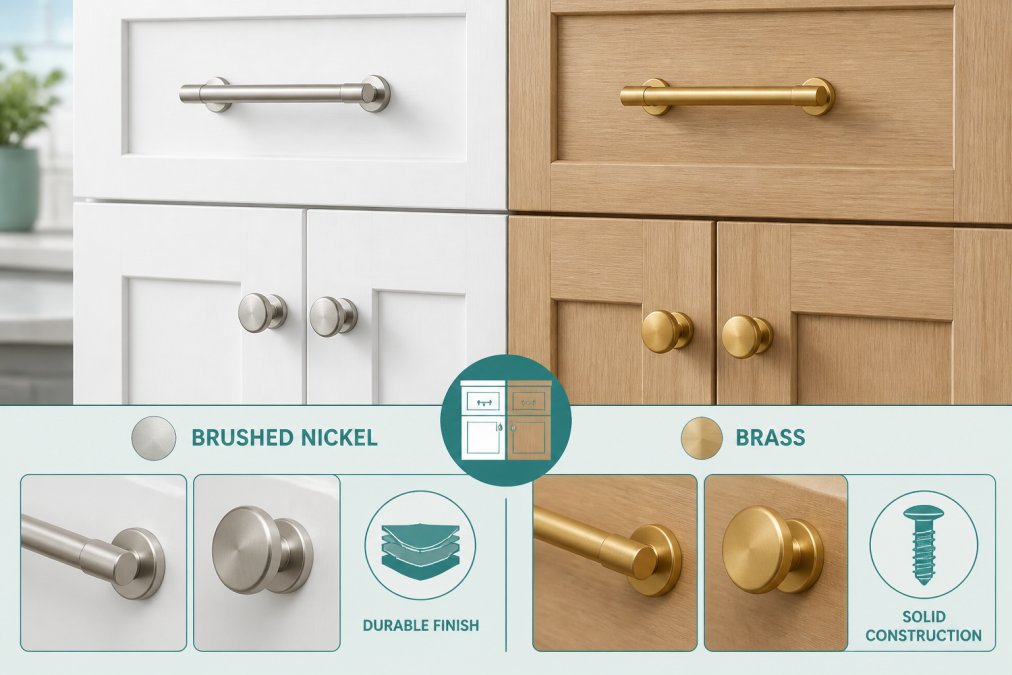 Close-up detail shot of brushed nickel and brass cabinet hardware mounted on adjacent white and natural wood cabinet doors, showing finish contrast and quality construction in bright, natural kitchen lighting