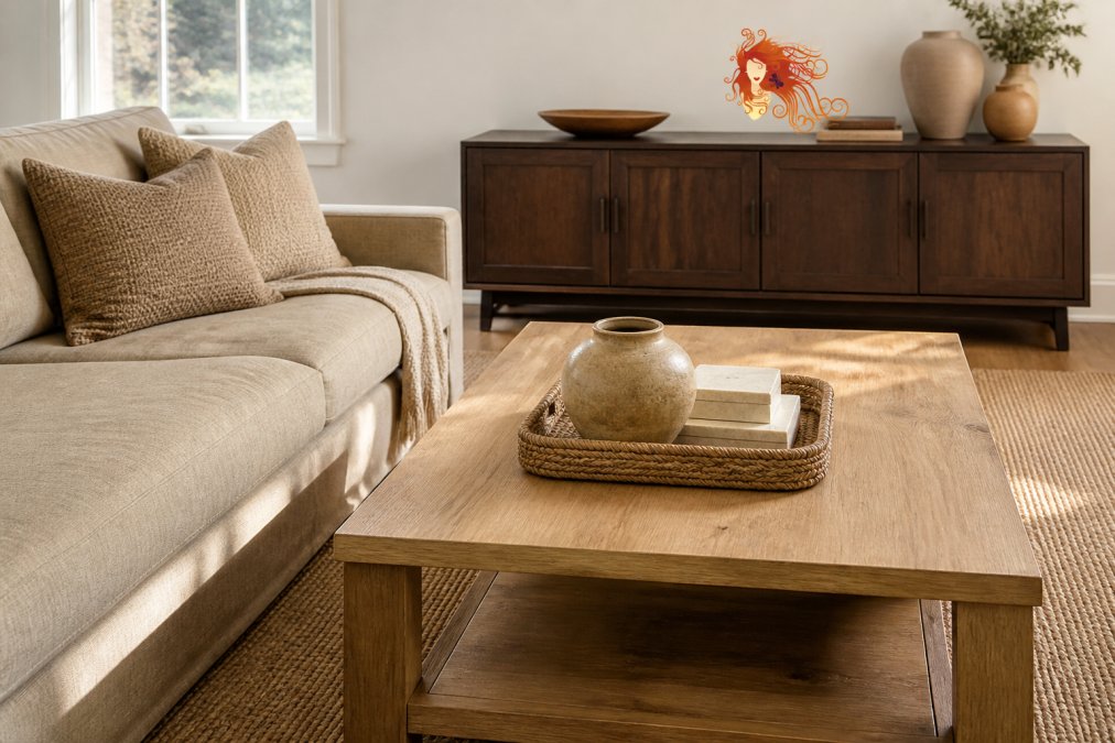 A sunlit living room with a light oak coffee table in the foreground and a dark walnut media console against the far wall, connected by a neutral beige linen sofa and woven throw pillows