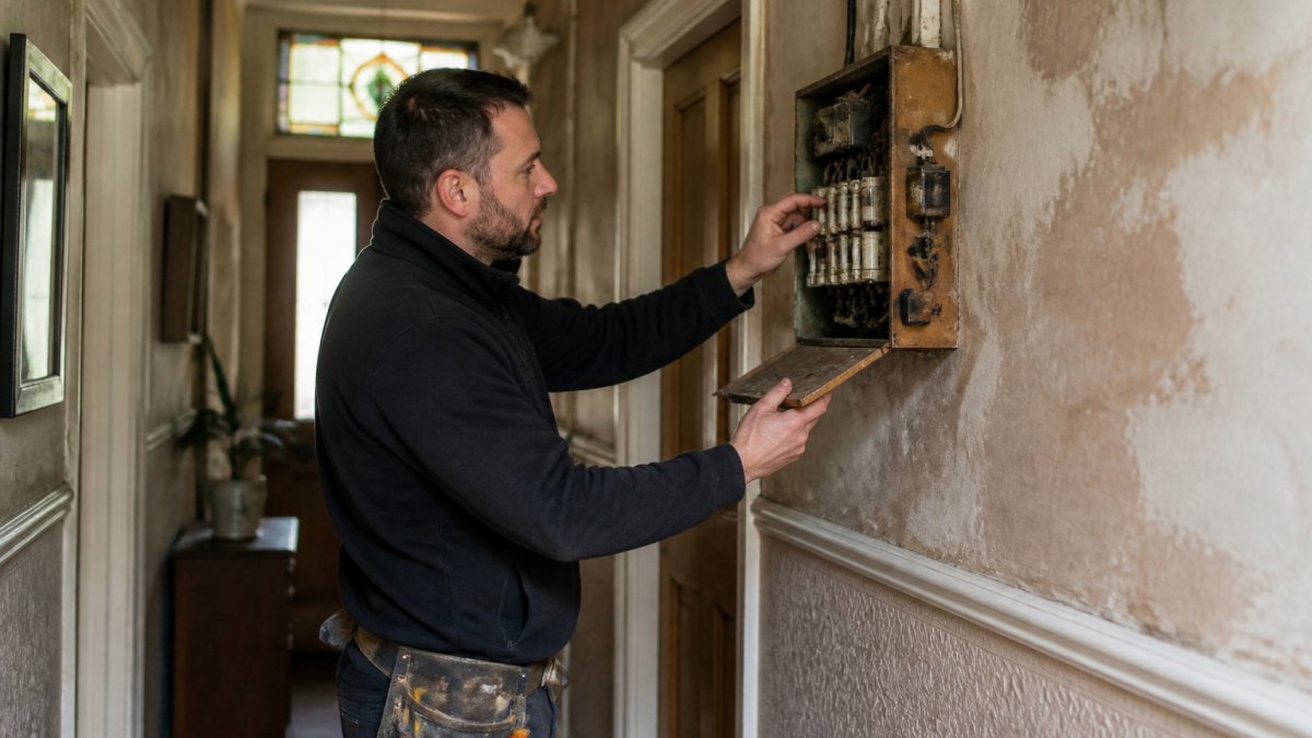 Electrician inspecting an old fuse box on a Victorian tenement wall in one of many period properties
