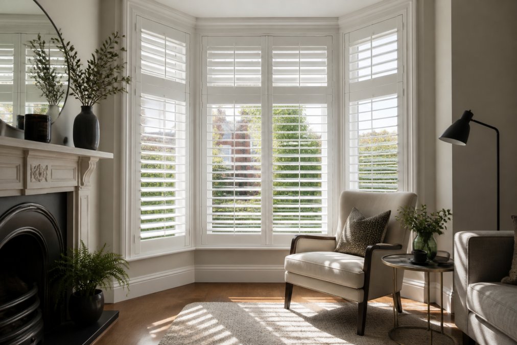 A bright living room with a large Victorian bay window fitted with white plantation shutters, slats partially open, a comfortable reading chair nearby and soft daylight across the floor