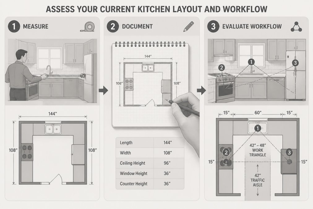 Homeowner measuring kitchen space with tape measure, documenting dimensions on a layout sketch, showing workflow between sink, stove, and refrigerator in a typical residential kitchen, with clearance measurements and traffic aisle marked