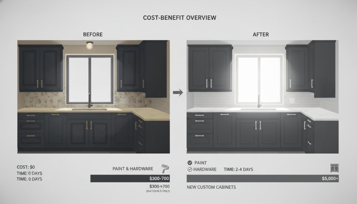 Before-and-after kitchen transformation showing outdated wood cabinets with brass hardware transformed into modern painted cabinets with sleek black pulls and fresh white subway tile backsplash, bright natural lighting highlighting the modernization