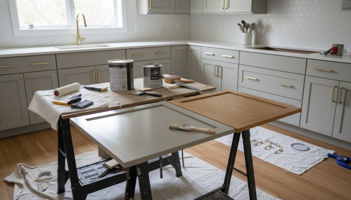 Bright kitchen with oak cabinets freshly painted in warm white, new brushed brass pulls on shaker-style doors, subway tile backsplash, and light quartz countertops visible under under-cabinet lighting