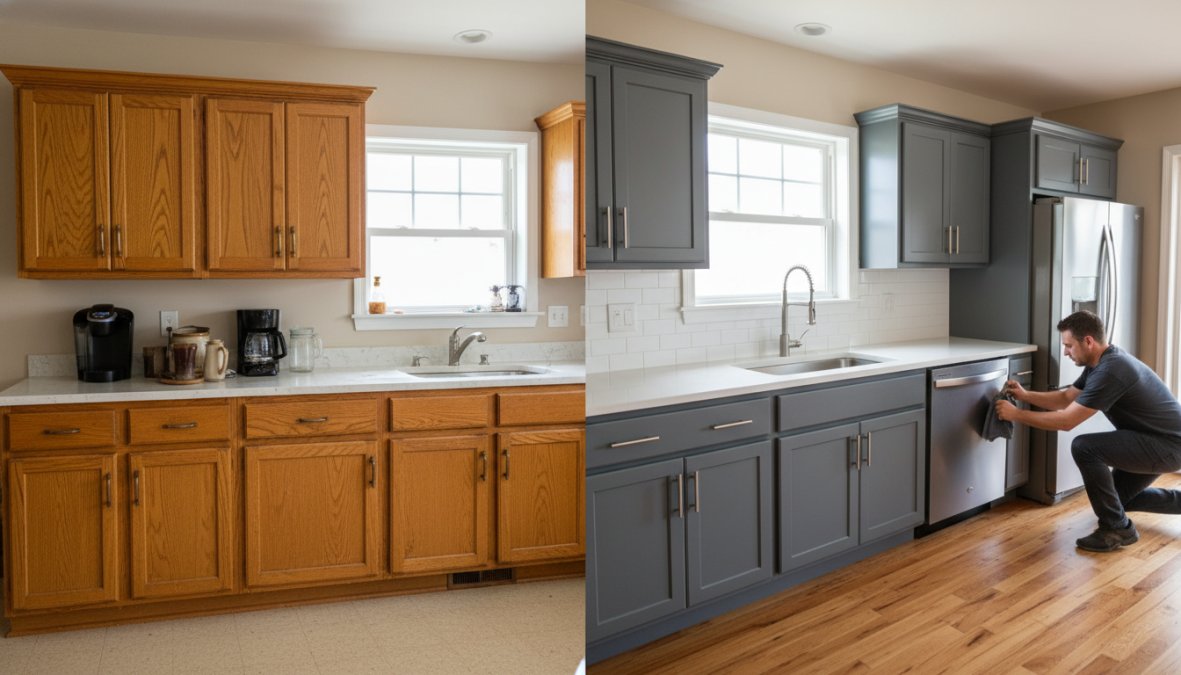 Kitchen renovation in progress showing worn golden oak cabinets on the left side and the same cabinets freshly refinished in a modern warm gray matte finish with new matte black hardware on the right, bright natural light from a window