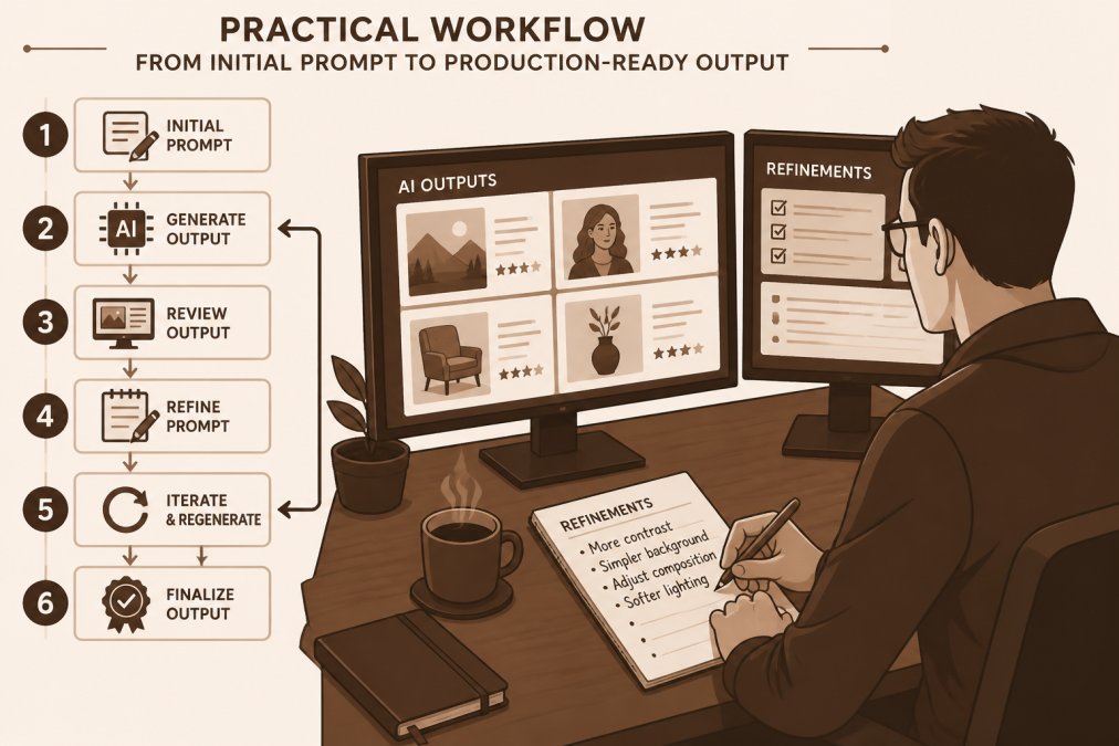 Iterative workflow diagram showing how to modify ai generated prompts through handwritten notes and digital review.