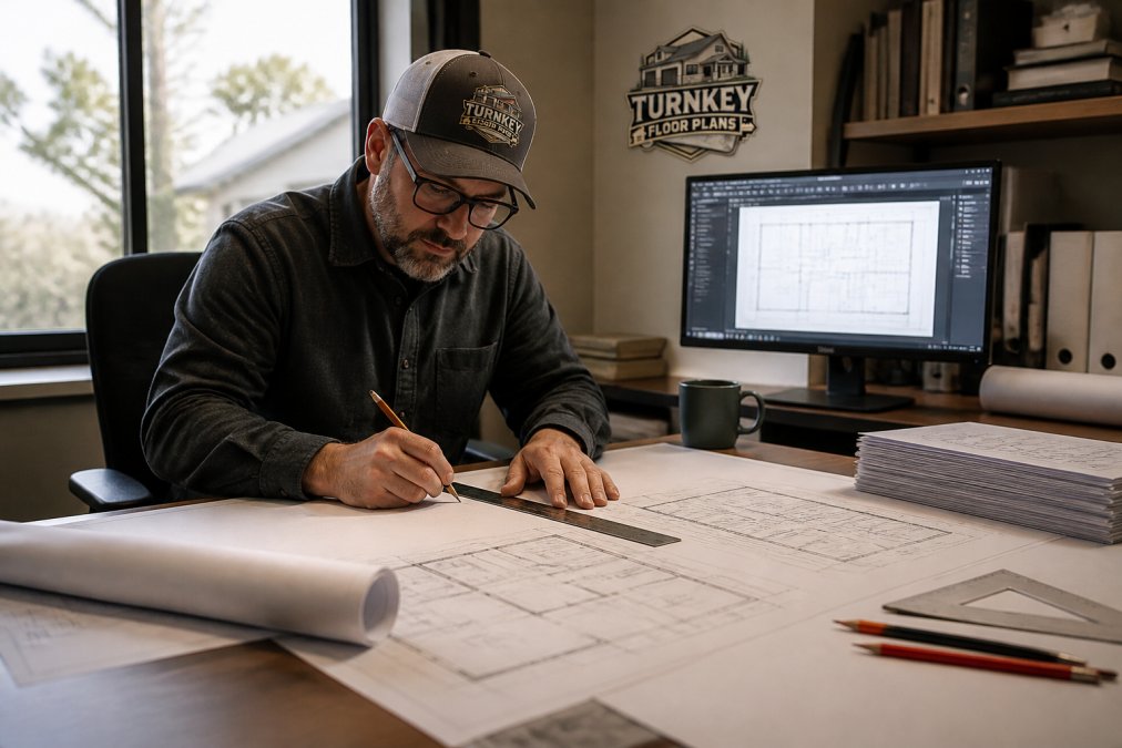 Professional architect reviewing printed barndominium blueprints with a ruler and pencil on a drafting desk, with a computer monitor displaying CAD software in the background, natural window lighting