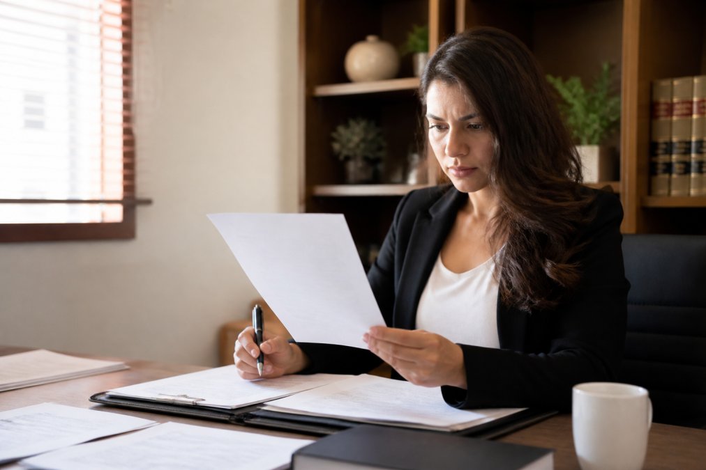 Parent sitting at a desk with legal documents and a pen, reviewing paperwork with focus and determination, natural office lighting illuminating the workspace