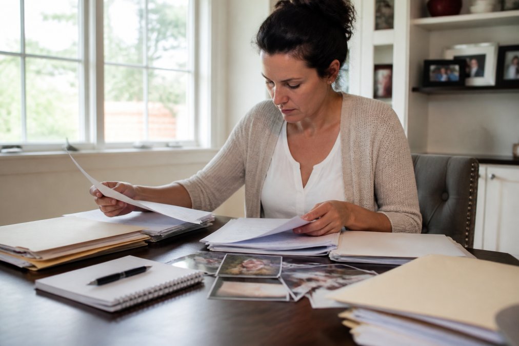 Parent sitting at desk organizing documents, photos, and correspondence in folders, with a notebook and pen for taking notes, natural window lighting