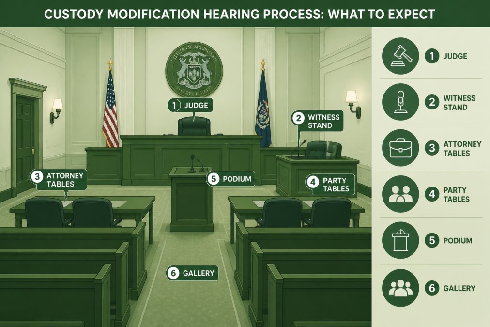 Interior of a Michigan courtroom with judge's bench, witness stand, and professional courtroom furniture, showing the formal setting where custody hearings take place