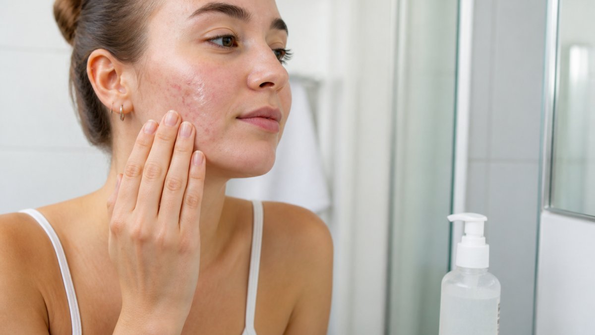 Close-up of a person with acne-prone skin gently applying a lightweight gel moisturizer to their face in a bright bathroom, with a simple skincare bottle on the counter