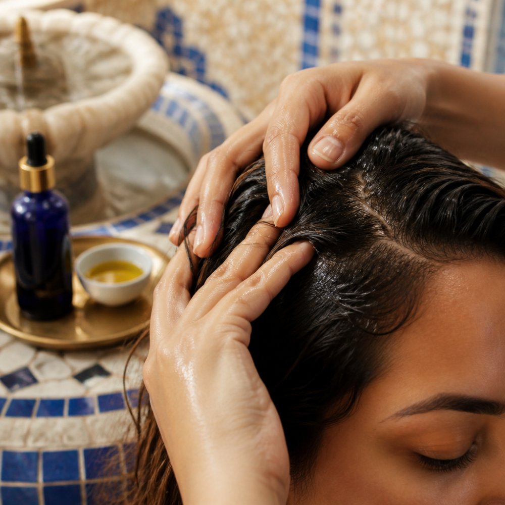 Close-up of hands applying argan oil to scalp with gentle massage motion, oil glistening on hair roots under warm lighting