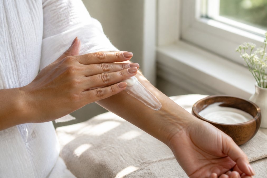 Close-up of hands applying a rich body butter to a forearm, with soft natural window light highlighting the creamy texture and smooth absorption into the skin