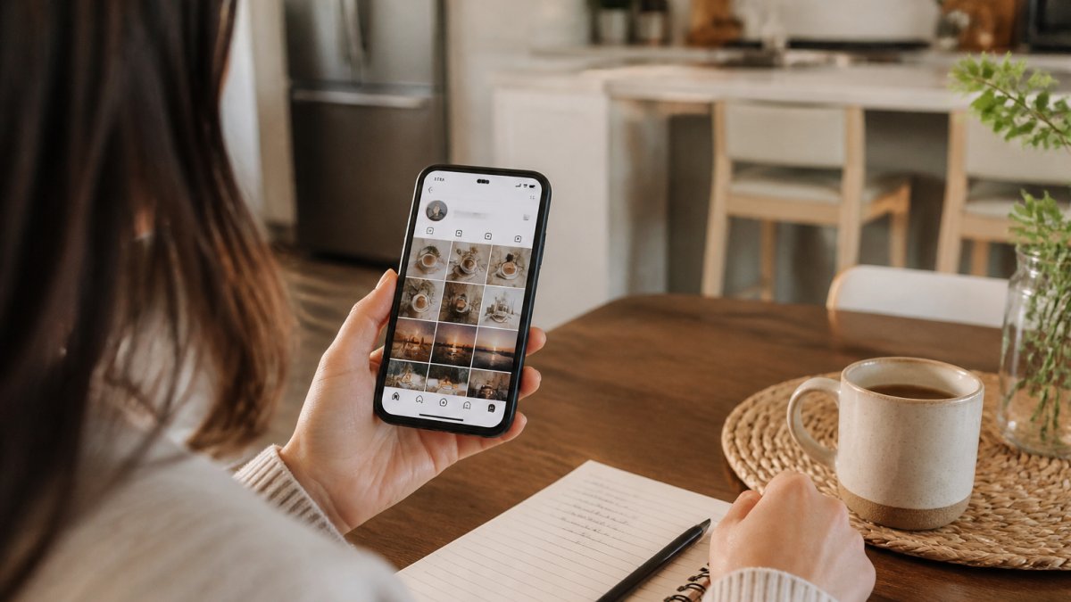 A woman planning a faceless Instagram account grid with a notebook and coffee at a kitchen table.