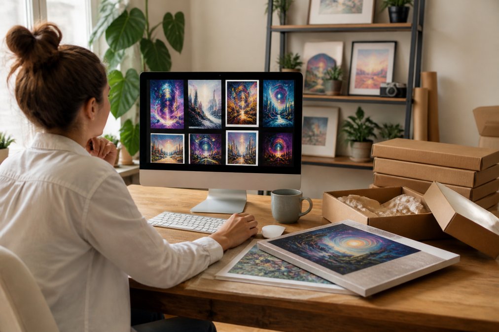 Person sitting at a wooden desk reviewing colorful AI-generated art prints on a large monitor, with canvas print samples and kraft paper packaging materials spread across the desk, warm natural light from a side window, suggesting an active home-based selling operation