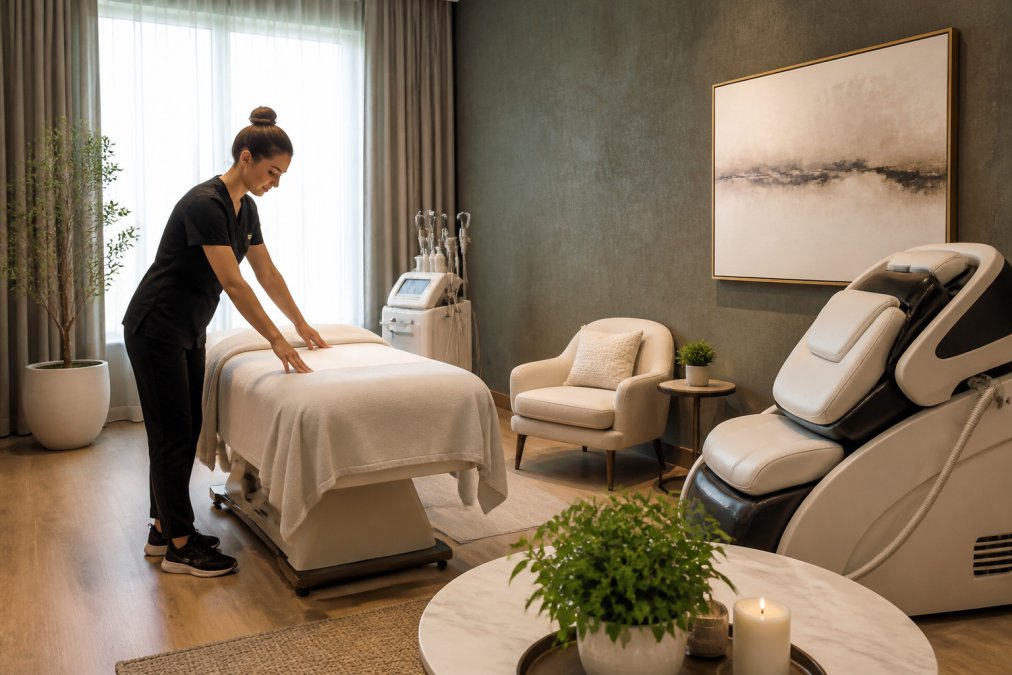 Bright, modern wellness treatment room with premium recovery equipment, comfortable seating, and professional staff member preparing the space for a client session