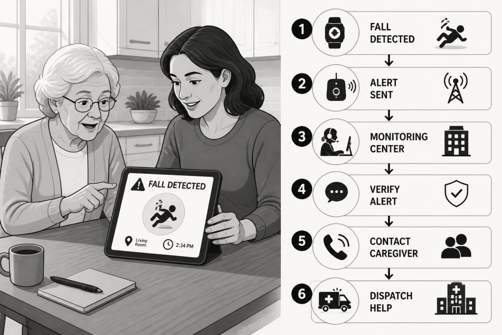 Daughter and mother reviewing a fall detection alert interface to monitor elderly parents remotely via tablet