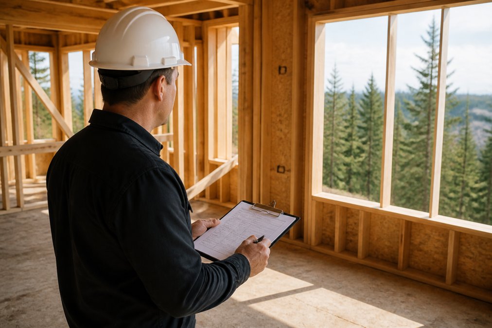 Homeowner with clipboard conducting walkthrough of residential construction site, examining framing and structural work with natural daylight streaming through unfinished window openings