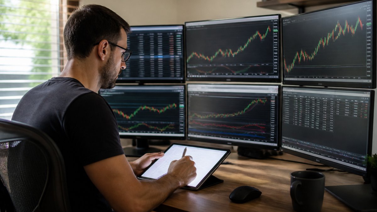 A trader at a home office desk with multiple monitors showing MetaTrader 5 charts and performance data, taking notes on a tablet