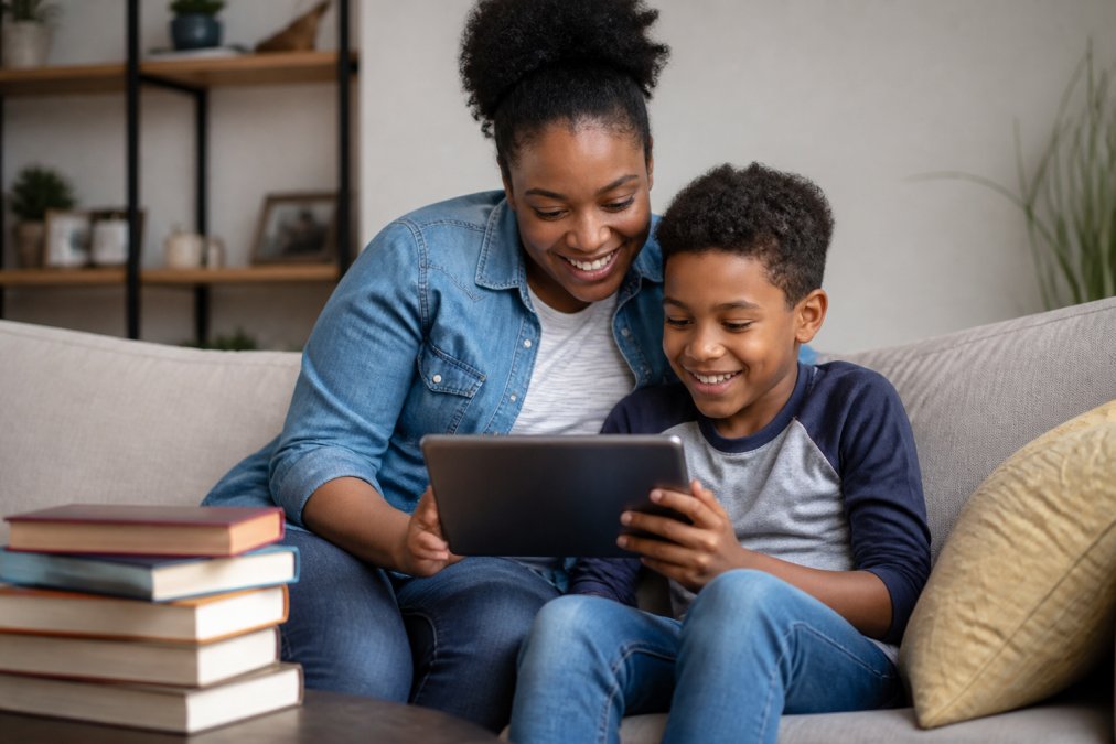 A parent and child sitting on a couch, both smiling while looking at a colorful ebook on a tablet, with a stack of printed books nearby