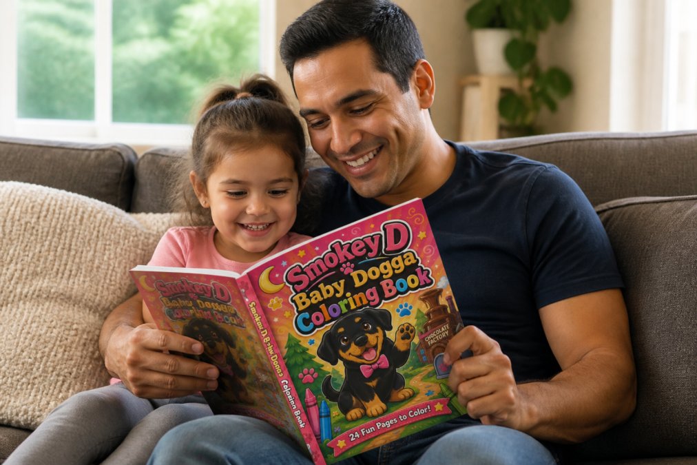 Parent and young child sitting together on a couch reading a colorful picture book with bright illustrations, both smiling and engaged with the story, natural window lighting