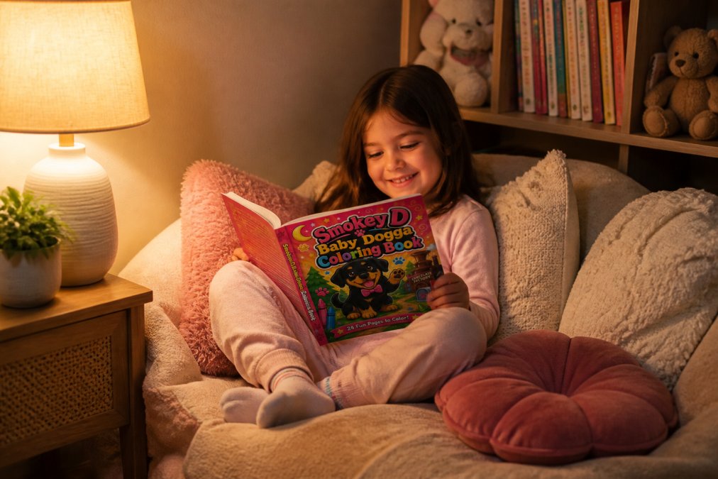Cozy home reading nook with soft cushions, warm lighting from a table lamp, shelves of colorful children's books, and a young child curled up contentedly with a book
