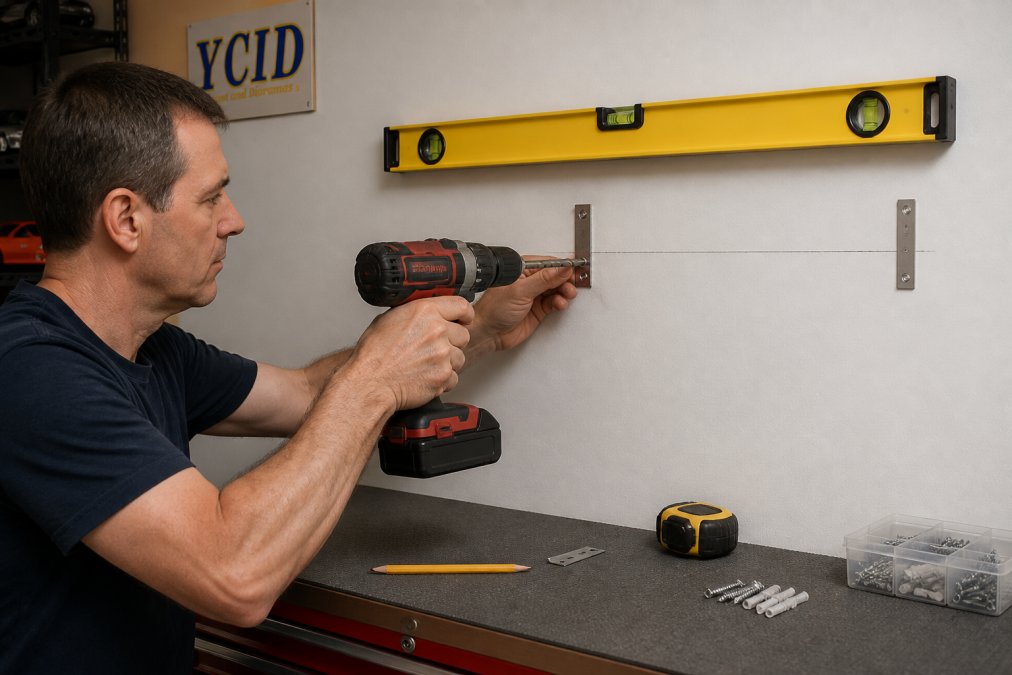 A collector using a power drill to mount 1:18 diecast car display hardware into a wall stud.