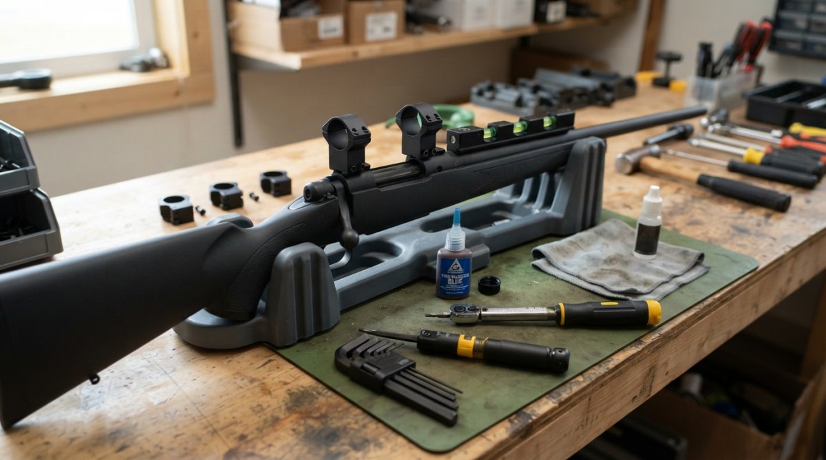 Organized workbench with torque wrench, Allen keys in multiple sizes, blue Loctite bottle, gun vice holding a rifle receiver, bubble level, scope rings and base laid out in order, and cleaning cloth
