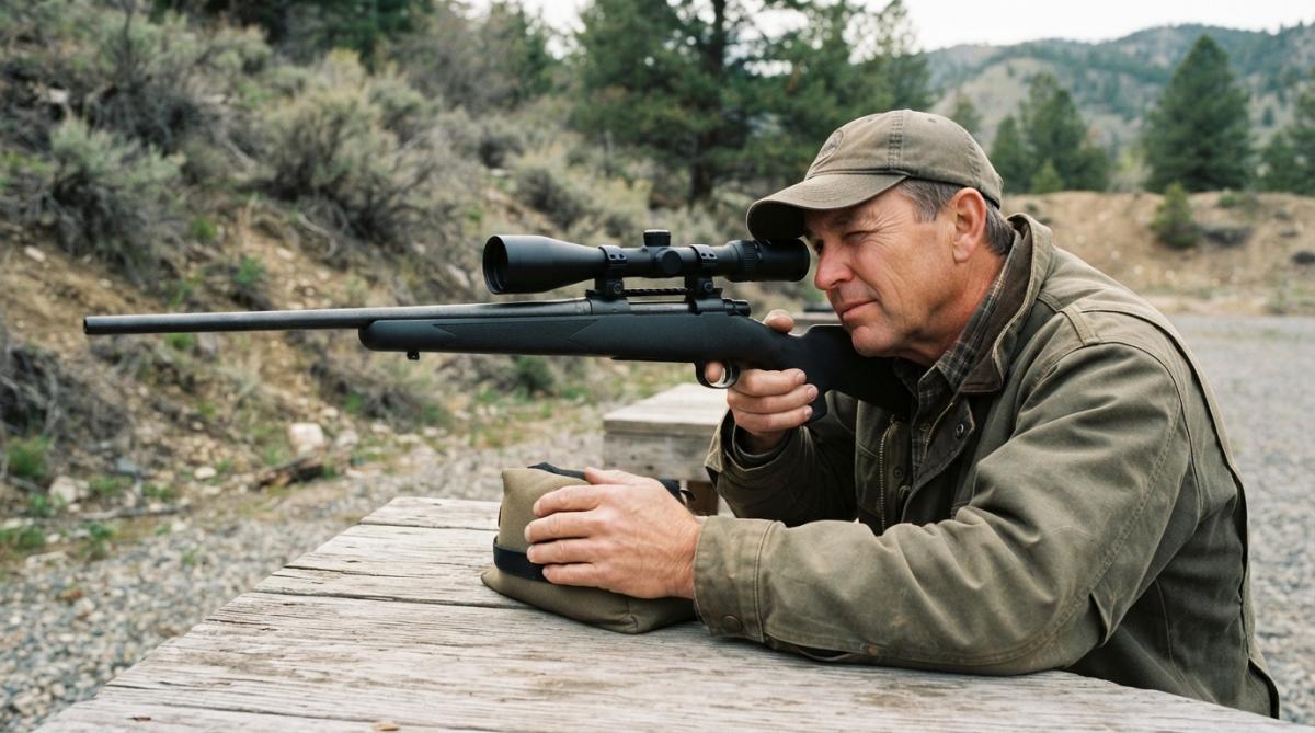 Hunter in proper shooting position at rifle, demonstrating correct cheek weld and eye relief distance from scope eyepiece, with natural outdoor lighting