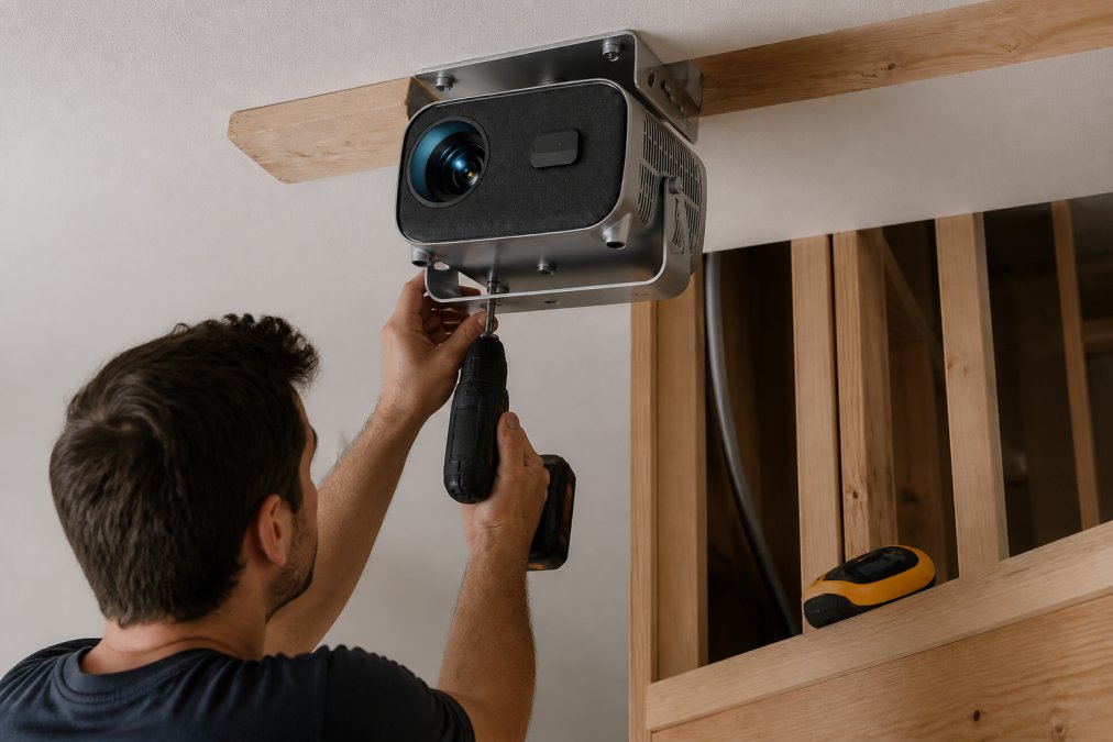 A homeowner's hands drilling pilot holes into ceiling joists with a power drill, the drilling template visible and a stud finder resting on a wooden surface nearby