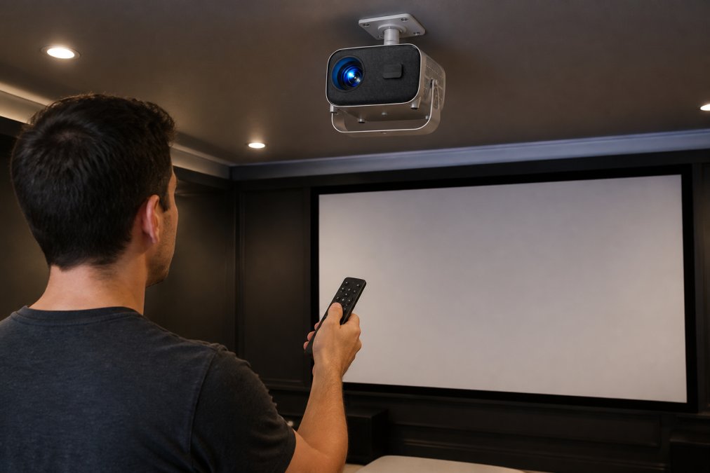 A person holding a remote control, standing in front of a ceiling-mounted projector displaying a test image on a white screen in a home theater room with dim lighting