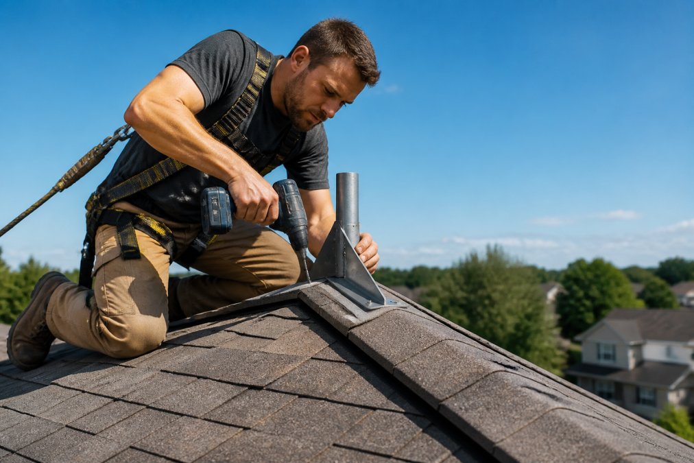 A person wearing a safety harness kneeling on a sloped asphalt shingle roof, securing a satellite dish mount bracket to the roof peak with a cordless drill on a clear sunny day