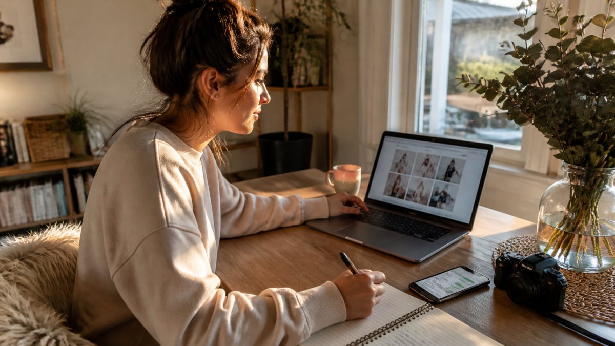 A freelance content creator at a tidy home desk reviewing a brand campaign on a laptop, notebook with pitch notes and a phone showing a message thread beside the keyboard, soft window light