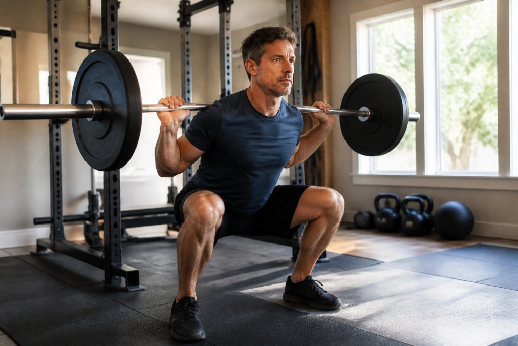 A man in his 40s performing a barbell squat in a well-lit home gym, focused expression, athletic wear, natural light through windows
