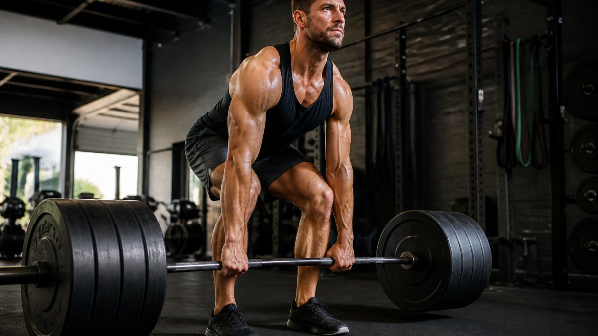 Athletic man performing a heavy barbell deadlift in a modern gym with proper form, demonstrating explosive power during resistance training