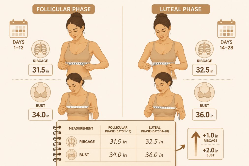Diagram comparing bust measurements across menstrual cycles to help reduce period breast tenderness