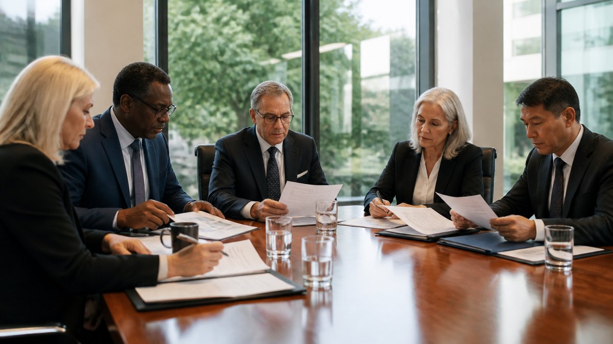 Professional board members in formal attire reviewing strategy documents and performance reports around a polished wooden meeting table in a modern boardroom with natural light from large windows