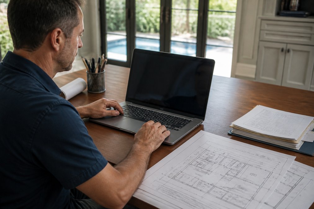 Homeowner at desk viewing the ePermits OneStop portal on a laptop screen, with printed building plans and documents spread nearby