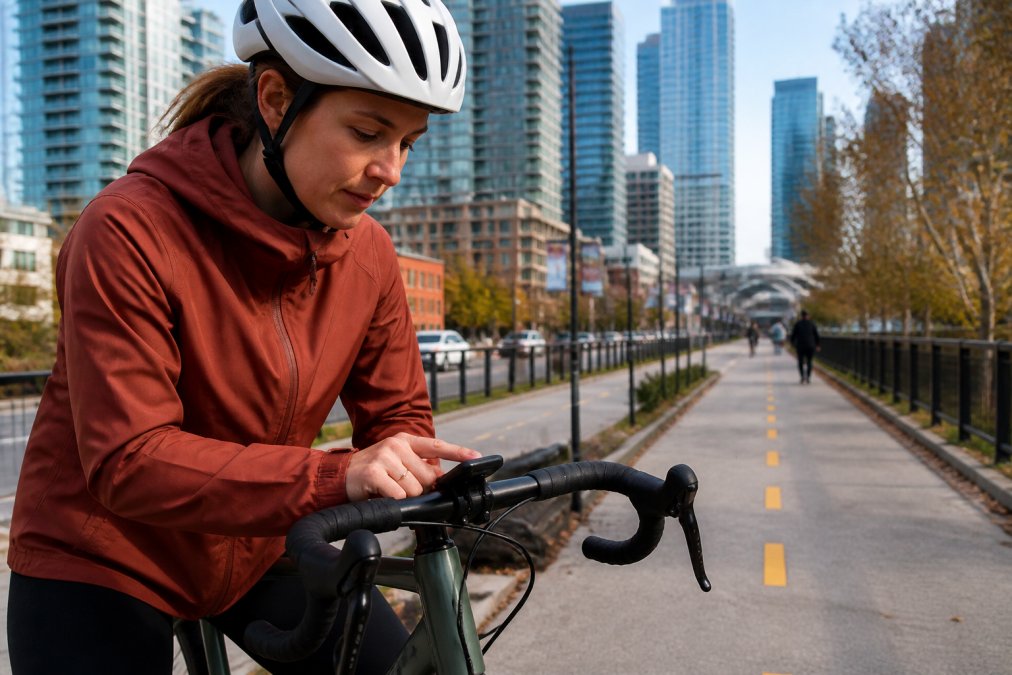 Cyclist checking a navigation device on a protected lane during city bike commutes