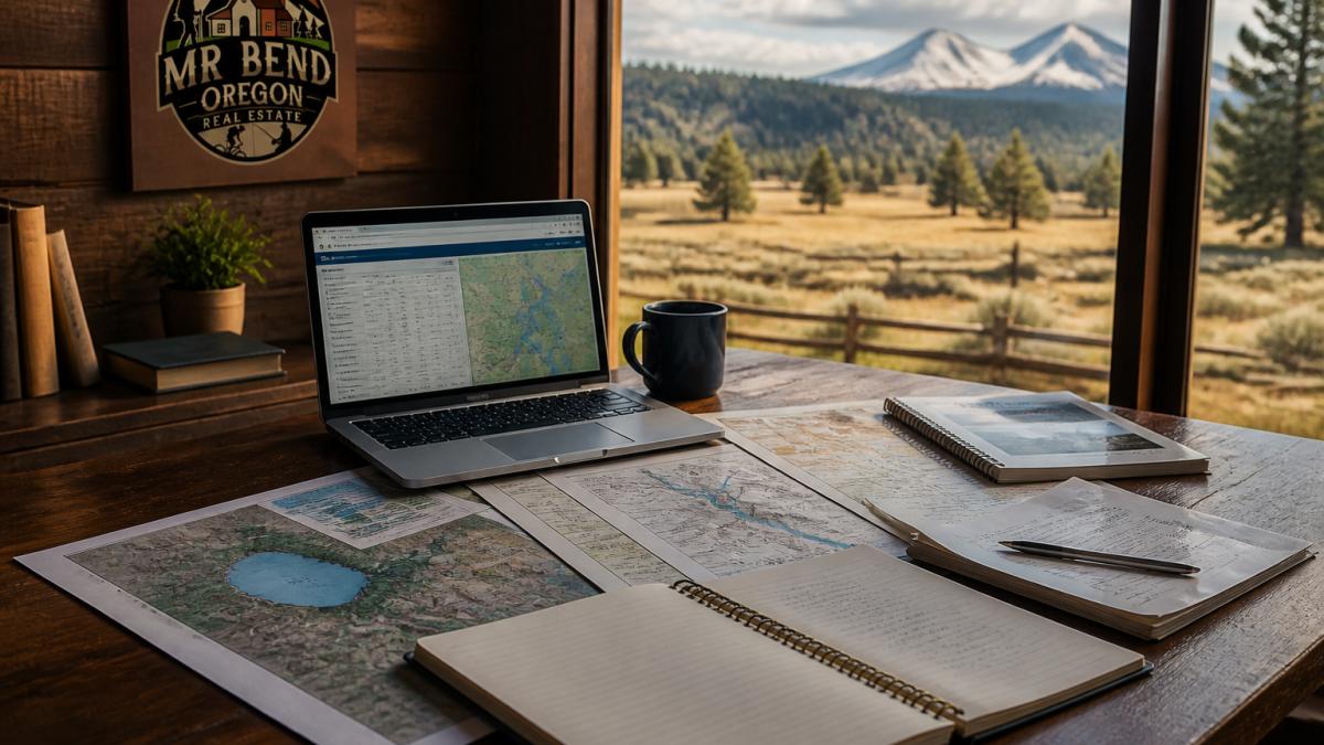A person reviewing property documents and maps at a wooden desk with a laptop showing a water resources database, natural light streaming through a window overlooking rural land