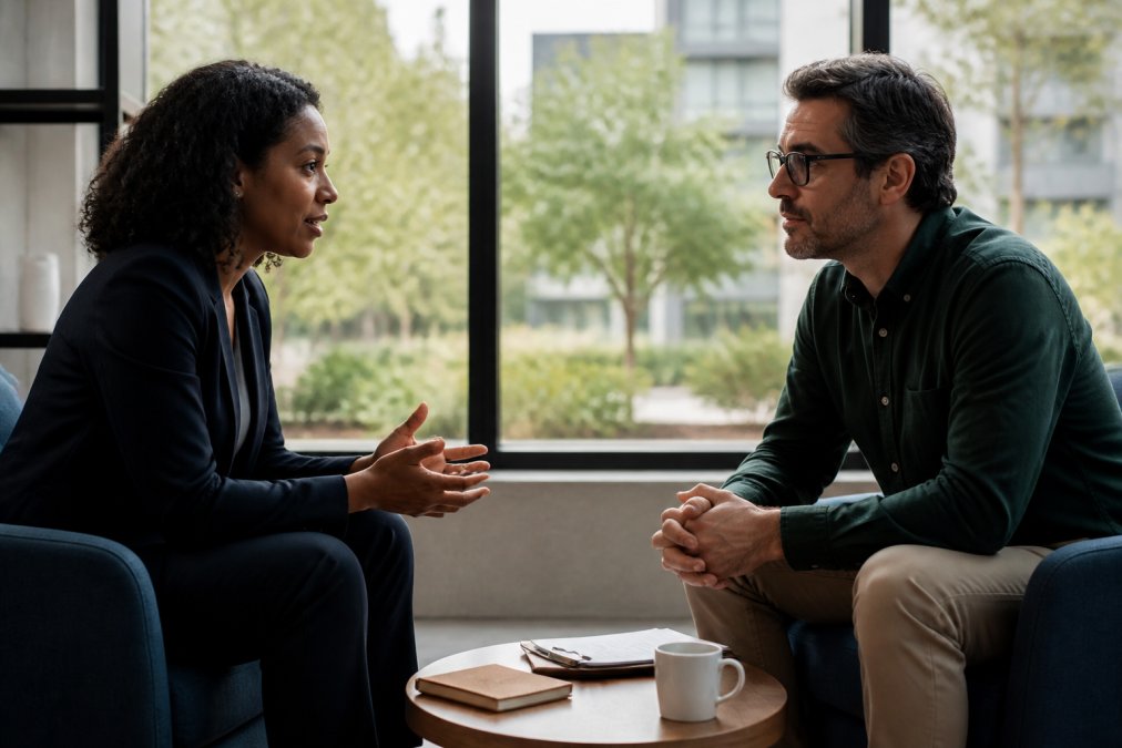 Professional illustration showing Two for difficult conversations at work